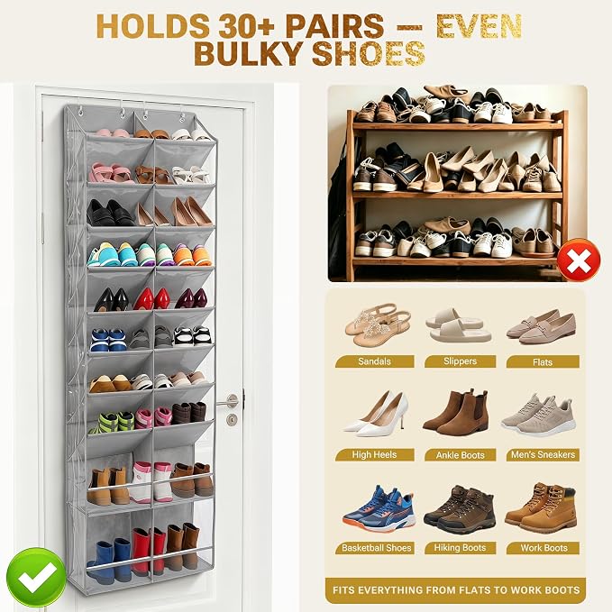 HOMELUX THEORY 10 Tier Hanging Shoe Organizer – Shoe Rack for Closet with Deep Pockets, Shoe Rack for Entryway, Over the Door Shoe Organizer for Closet for Boots & Sneakers (Light Gray)