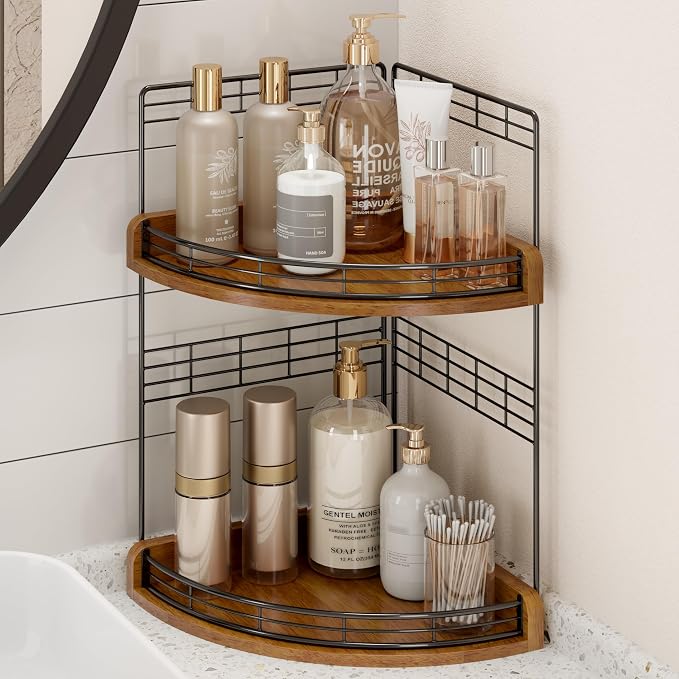 Bathroom Countertop Corner Organizer for Small Spaces, 2-Tier Counter Shelf | Oak Wood & Iron, Fan-Shaped Counter Shelf for Sink & Vanity Corners, Skincare, Toiletries, Compact Vertical Storage, Walnut