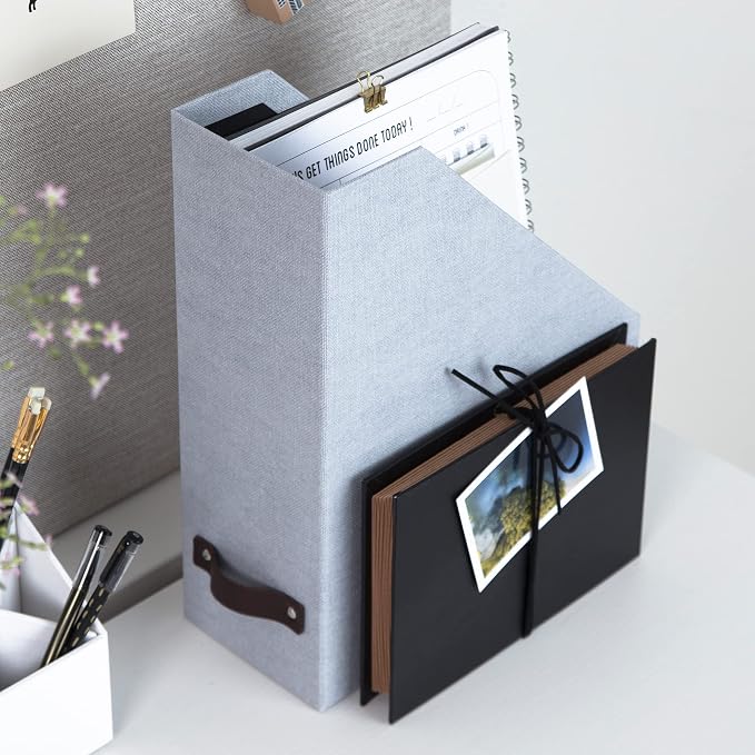 Bigso Box of Sweden Estelle Canvas Fiberboard Upright Magazine Storage Box | Magazine Holder & Organizer for Papers & Catalogs w/Leather Handle for Office Desks | 12.6in x 4.5in x 9.8in | Ash