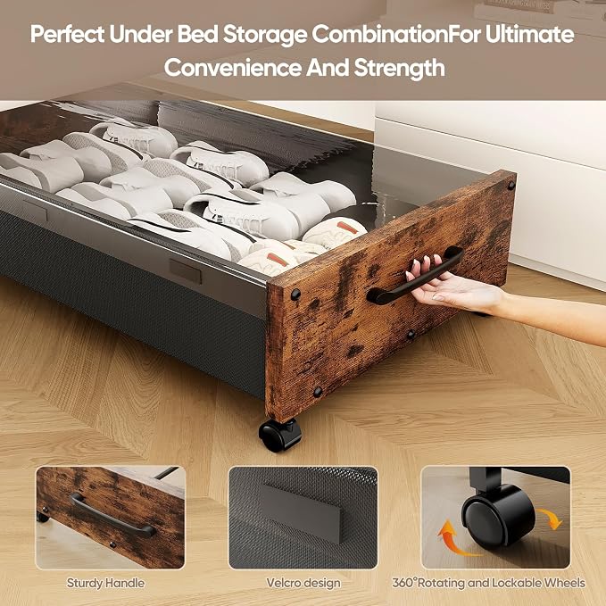 Under Bed Storage with Wheels, 2 Packs Wooden Storage Containers Extra Large Underbed Shoes Organizer, Rolling Under Bed Storage Drawers with Clear Lid, Heavy Duty for Clothes Toys 36"L (Black)