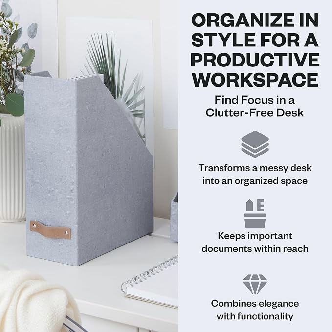 Bigso Estelle Magazine File - Magazine Holder and Organizer for Papers and Catalogs with Leather Handle - Magazine File Holder for Office Desks - 12.6 in x 4.5 in x 9.8 in - Ash Ballard