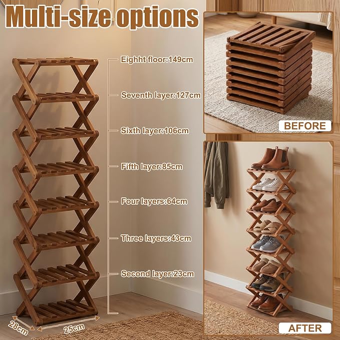 Shoe Racks, Foldable Shoes Organizer Free Standing Shelf for Entryway, Closet, Bedroom, Hallway, | Natural | Functional | Multifunctional Shoe Rack (Eight Layers of Brown)