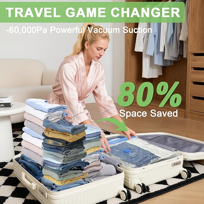 Mapambo 15 Pack Vacuum Storage Bags with -60000Pa USB Pump, Vacuum Seal Bags for Clothing Travel, Space Saver Vacuum Seal Bags for Clothing, Save 80% of Space for Clothes (15 Combo Size)
