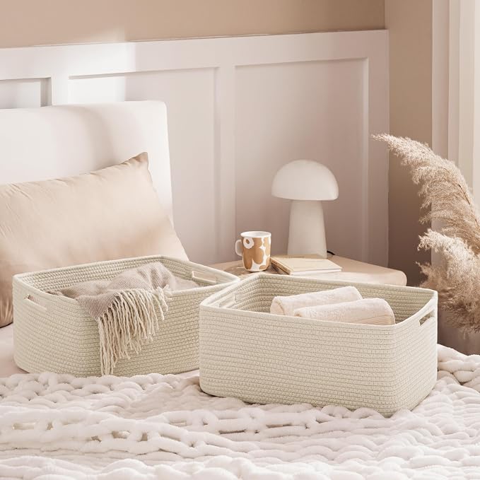 2 Pack Storage Baskets for Organizing, Large Woven Storage Basket, Beige | 17"L x 13"W x 7.5"H, Cotton Rope Basket, Toy Storage, Cube Shelf, Closet Shelf Organizer, Clothes Storage, Home Decor