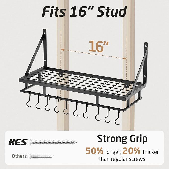 KES 24 Inch Kitchen Pot Pan Rack Wall Mounted, 10 Hooks, Matte Black | 88lbs Load Capacity, Heavy Duty, Cast Iron Pots and Pans Organizer, Hanging Storage, Wall Shelf, Space Saving, KUR215S60-BK