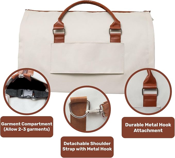 Convertible Garment Duffel Bag for Travel, Large Carry On Weekender Bag with Hanging Clothes Feature, Overnight Travel Duffle Bag for Women with Shoe Compartment (Beige)