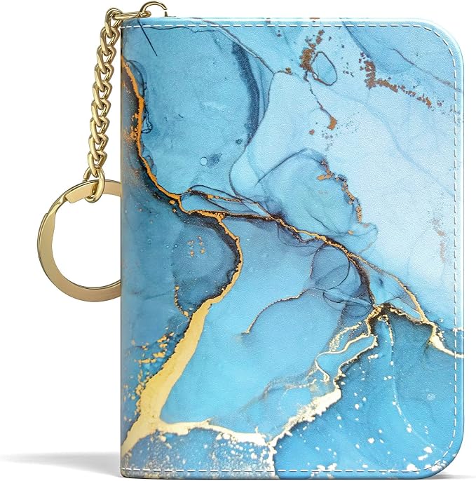 Aiawoxc Credit Card Holder for Women, Small RFID Wallet Slim Leather Card Organizer Case with Zipper Keychain, Light Blue Marble