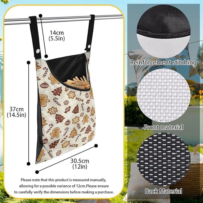 Gingerbread Man Clothespin Bag with Hanging Hook Christmas Clothes Pin Holder Waterproof Clothespin Storage Organizer with Large Opening Clothespin Bag for Clothesline Outdoor