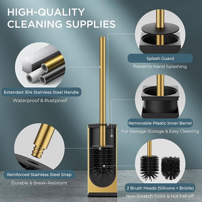 FORIOUS Toilet Brush, 2 Toilet Bowl Brush Head Square Tall Gold | Heavy Duty 304 Stainless Steel Base, Silicone and Plastic Brush Heads, Long Handle for Deep Cleaning, Drip-Proof