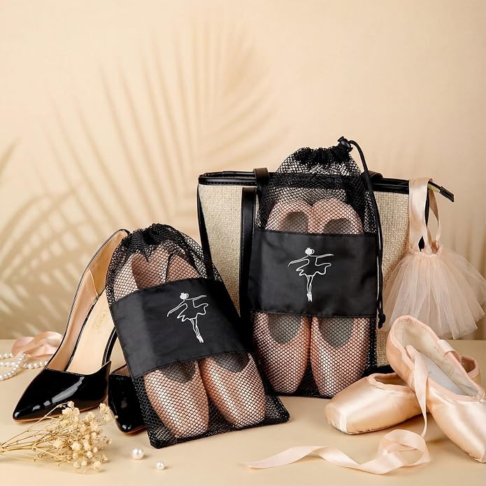 Shappy 4 Pcs Pointe Shoes Bag Mesh Dance Shoe Storage Ballet Accessories for Women Girls, Drawstring Pouch