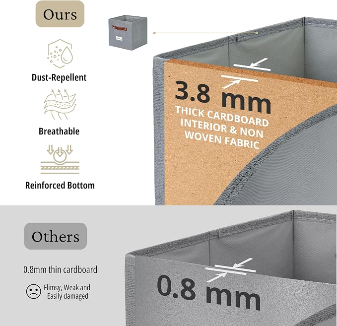 DECOMOMO Storage Baskets, 13x15x13 Storage Cube Bins with Labels for Organizing Shelves (Kallax / 4pcs, Texture Grey)
