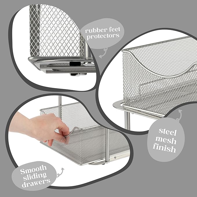 Sorbus 2 Tier Metal Under Sink Organizer for Bathroom, Kitchen, Strong Steel Mesh Sliding Drawers for Under Sink, Under Cabinet, Closet, Kitchen, Pantry, Bathroom Organizers and Storage (Silver)
