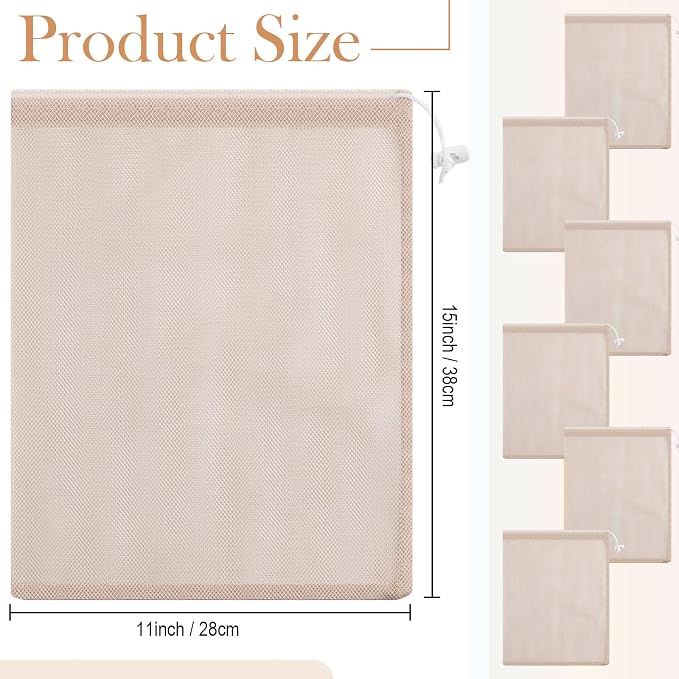 Frienda 6 Pieces Mesh Stuff Sack, 11 x 15 Inch Durable Nylon Drawstring Laundry Bag for Rinsing Beach Toys, Seashell Collecting, Mesh Bags for Travel (Beige Color)