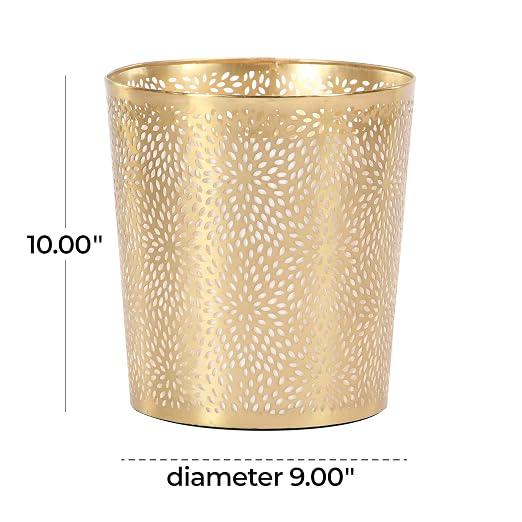 CosmoLiving by Cosmopolitan Metal Small Waste Bin with Laser Carved Floral Design, 9" x 9" x 10", Gold | Office Bathroom Floral Waste Basket With Laser Carved Design Office Wastebasket Waste Bin