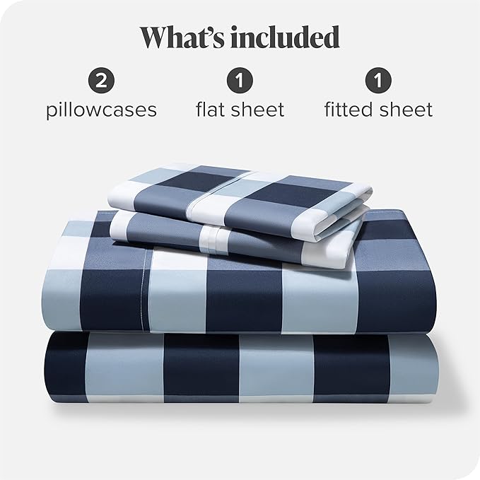Bare Home Full Sheet Set - Luxury 1800 Ultra- Soft Double Brushed Microfiber - Deep Pockets - Easy Fit - 4 Piece Bedding Sheet Set (Full, Gingham Blue)