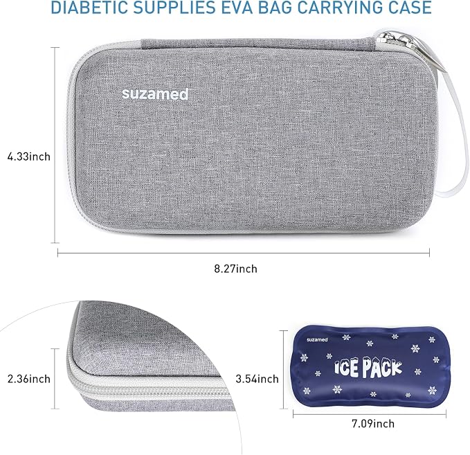 suzamed Insulin Cooler Travel Case,EVA Insulation Travel Medicine Kit with 2 Ice Packs for Diabetes Care,Insulin Pen and Other Diabetic Supplies (Grey)