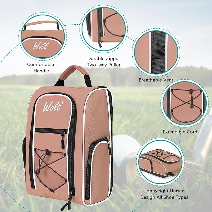 Wolt |Golf Shoe Bag for Travel- Zippered Shoes Carrier Bags with Ventilation & Double Outside Accessory Pocket for Socks, Tees, Golf Balls, Etc. for Women and Men (LightPink)