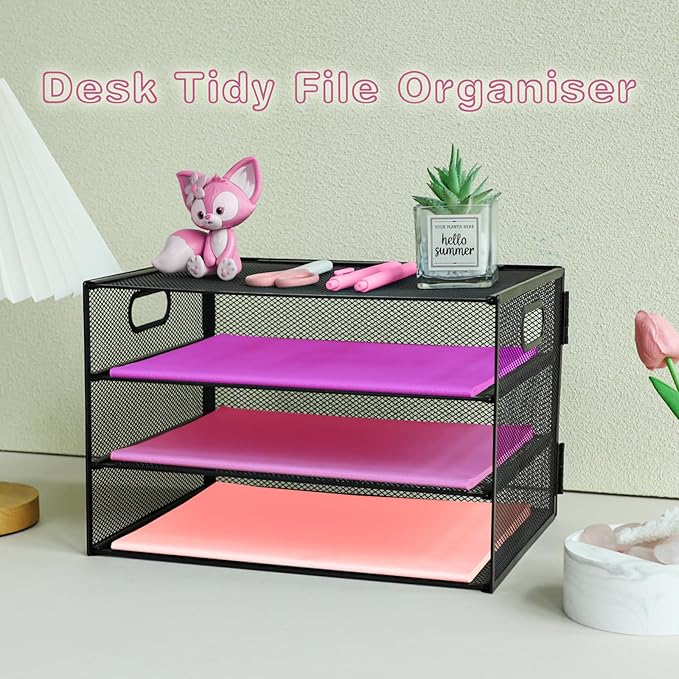 3 Tier Lettrer Tray Organizer, Metal Mesh Desk File Organizer with Sliding Trays, Paper Sorter Desk Organizer for Home Office School, Black