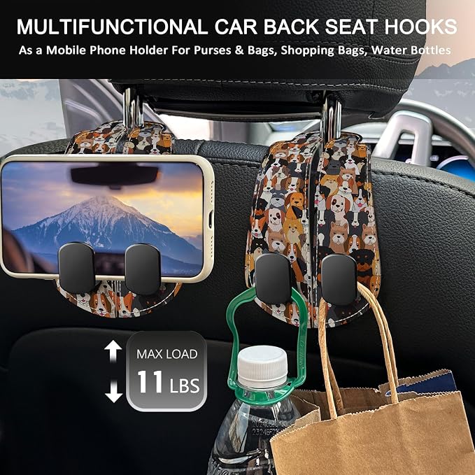 Blusabaca 2PCS Car Seat Headrest Hooks, Purses Bags Holder, Cute Dogs Puppy | PU Leather, Double Metal Back Storage Hangers for Grocery Bags Handbags Bottles Coats Phones, Car Accessories Organization