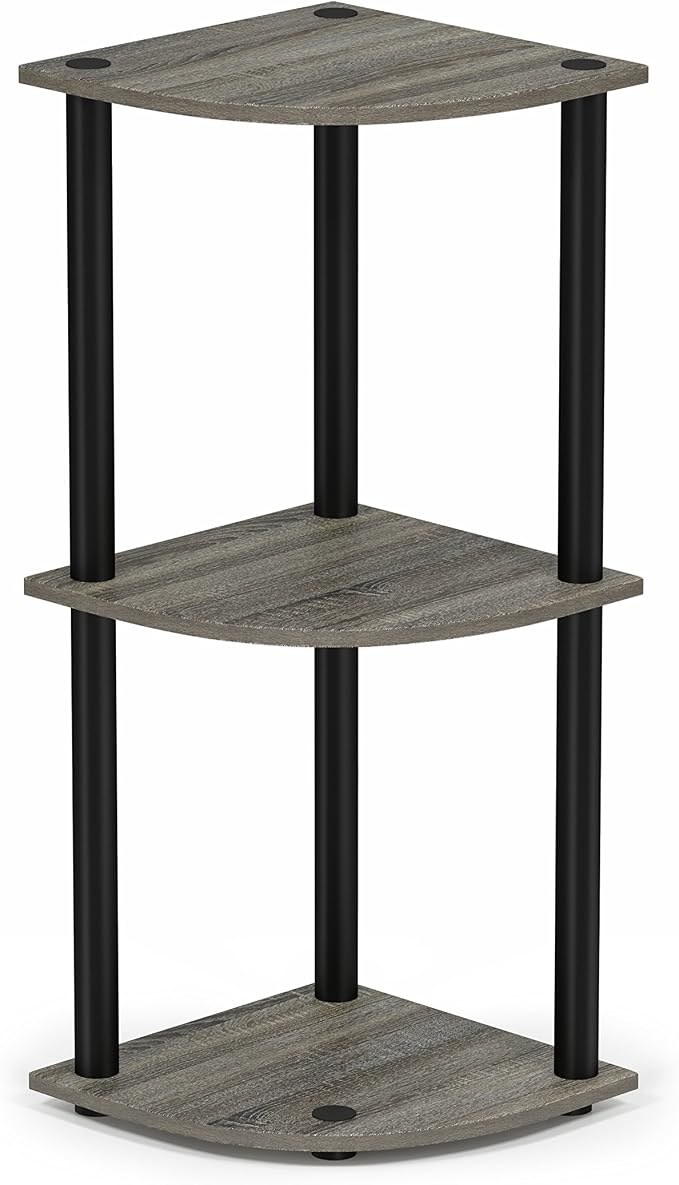Furinno Turn-N-Tube Toolless Assembly 3-Tier Corner Shelf, Corner Book Shelf, Open Shelves Bookshelf, for Organization and Storage, Living Room, Home Office, Bedroom, Grey Oak