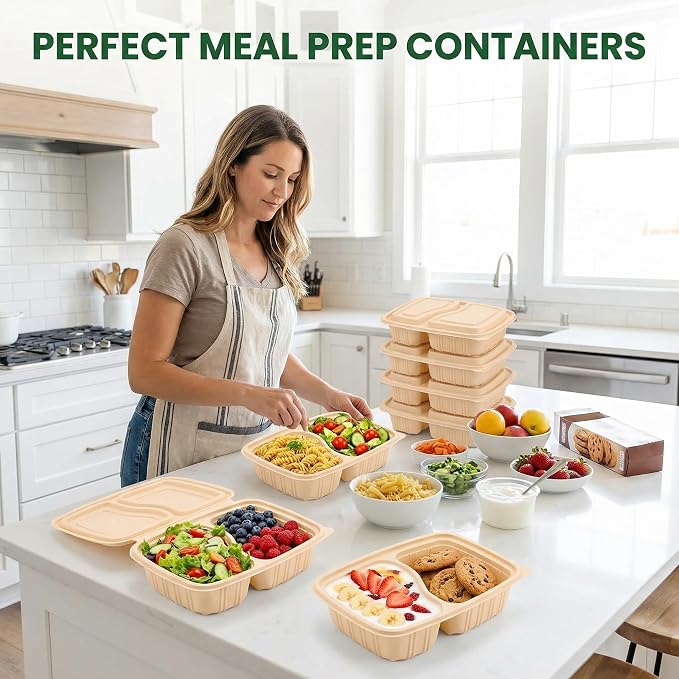 Glotoch Express 200 Pack - 2 Compartment 32 oz Meal Prep Containers Reusable Cornstarch Food Storage Containers with Lids- Plastic Lunch Box for Salad - Take Out Containers