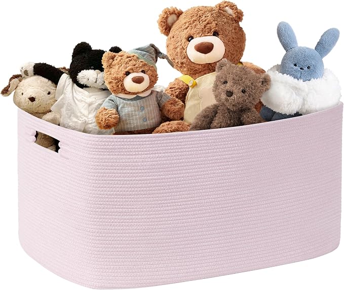 60L Woven Laundry Basket Hamper with Handles, Pink | 21"x15"x11", collapsible wicker hamper, storage for dirty clothes, toys, blankets, gifts, living room, bedroom, bathroom