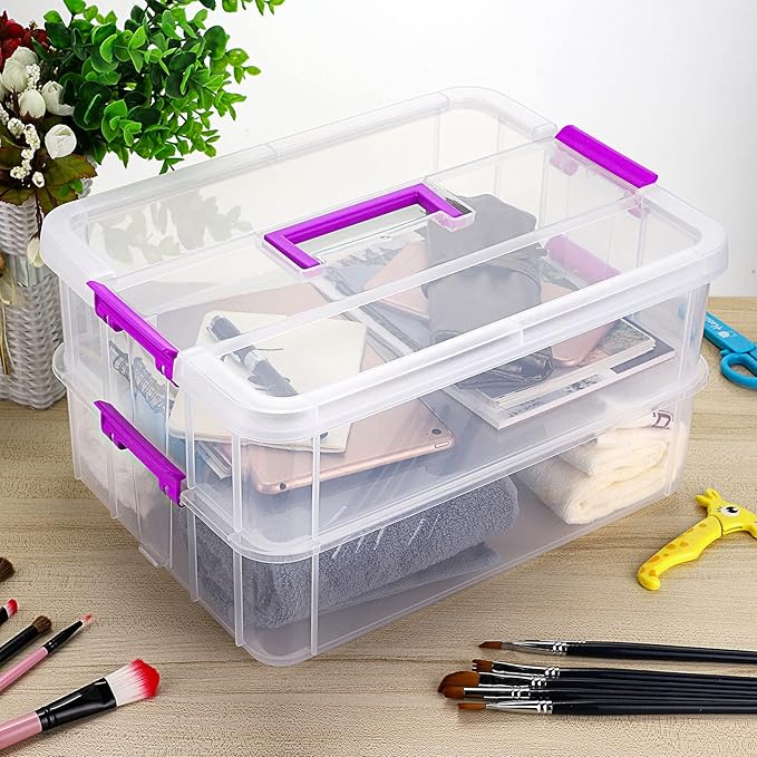 BTSKY 2 Layer Stack & Carry Box, Plastic Multipurpose Portable Storage Container Box Handled Organizer Storage Box for Organizing Stationery, Sewing, Art Craft, Jewelry and Beauty Supplies(Purple)