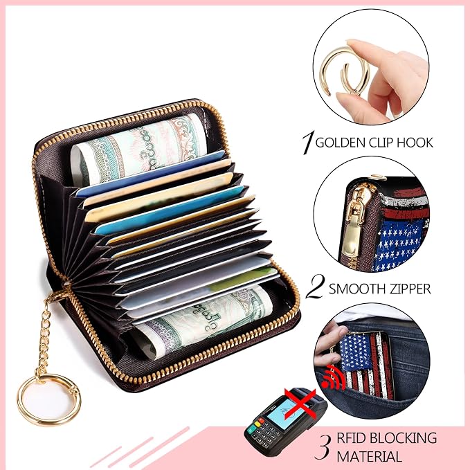 Blusabaca Women's RFID-Blocking American Flag Wallet, Leather, 12 Card Slots, 2 Coins, Zipper Closure, Waterproof | Removable Keychain, Case with Zipper, Vegan PU Leather, Cash Coin Pocket, Business Accordion Purse, Ladies Female Gift