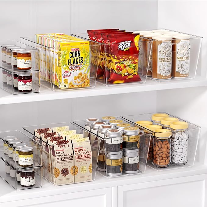 Set of 6 Clear Plastic Storage Bins, 4 Large +2 Small Pantry Organizers and Storage Containers for Kitchen Organization, Home Storage Must Haves for Office, Closet, Garage, Freezer& Bathroom