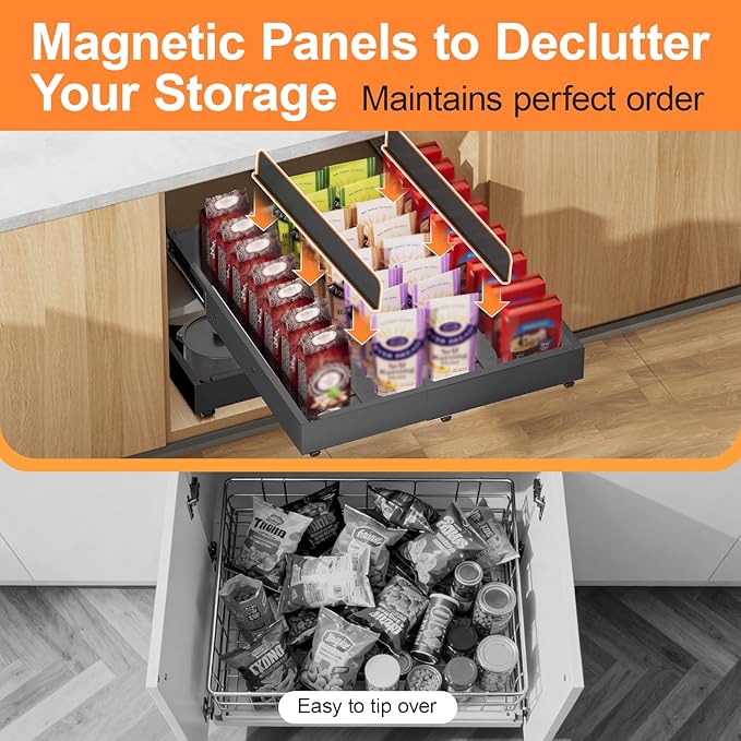 Pull out Cabinet Organizer Expandable W(12"-20") and D(16"-22"), No Drill Adjustable Slide Out Drawers With 3 Slide Rails, 2Pcs Magnetic Panel, Adhesive Roll out Shelves for Kitchen, Cabinets, Pantry