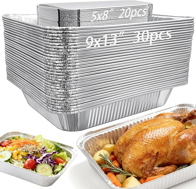 Notwoe® 50pc Aluminum Foil Pans Combo, Extra Heavy Duty, 30pc 9x13 Half Size & 20pc 8x5 Disposable Trays for Roasting, Lasagna, Steam Table Heating. (50 Pack no/Lids)