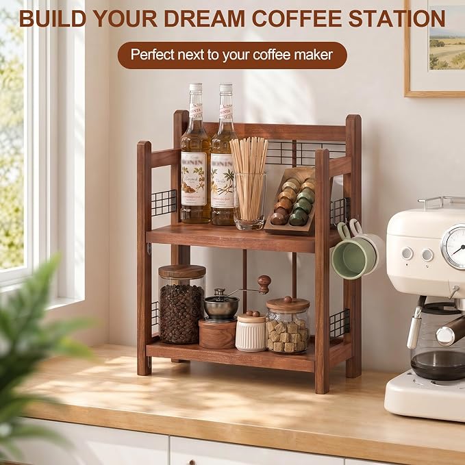 No-Assembly Coffee Bar Organizer, 2-Tier Coffee Station Shelf | Foldable Oak Wood Shelf, Coffee Station Accessories Storage for Syrup, 3 Hooks for Mugs, Kitchen Countertop Organizer, Walnut