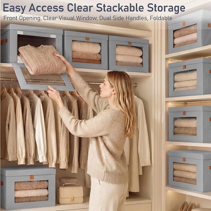 DIMJ Storage Bins with Lids - 4 Pack Front Opening Stackable Fabric Storage Boxes with Clear Window & Handles, Collapsible Closet Organizers for Clothes, Sweaters, Shelf Storage, Bedroom, Gray