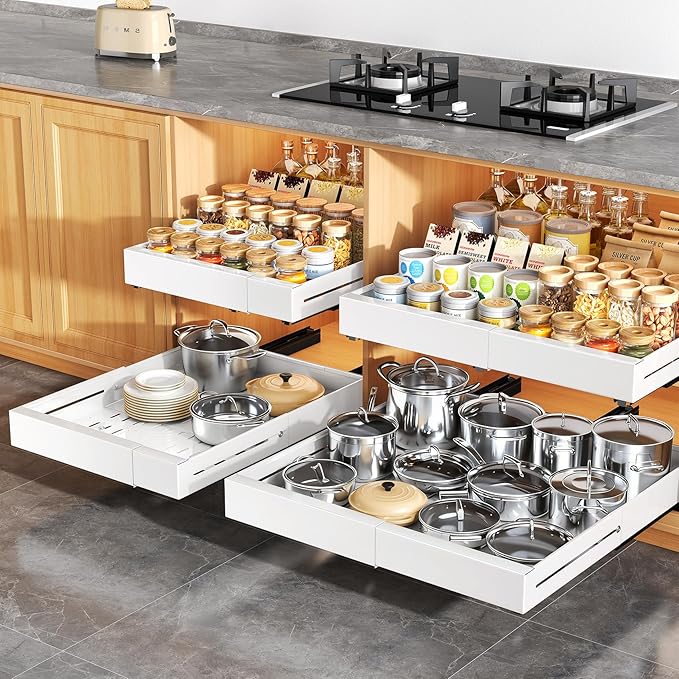 2 Pack Pull out Cabinet Organizer, Expandable Width(14"-24"), Depth(13"-24") with 3 Rails, Slide Out Drawers With Raising Pad for Framed Cabinets, with Adhesive Film for Cabinets in Kitchen, White