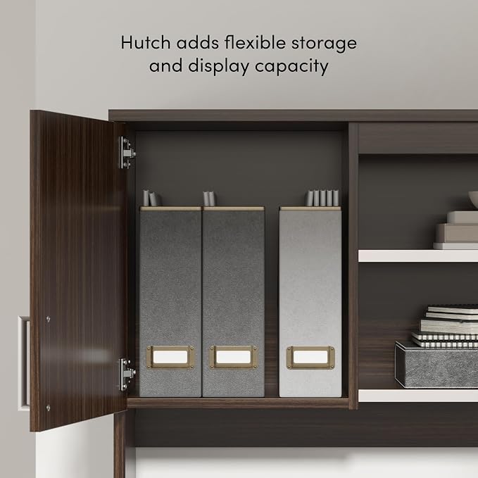 Bestar, Ridgeley Collection, Modern Executive Computer Desk with Pedestal and Hutch | With Pedestal and Hutch; Made in North America; for home or professional office use; 2 adjustable shelves; Metal construction