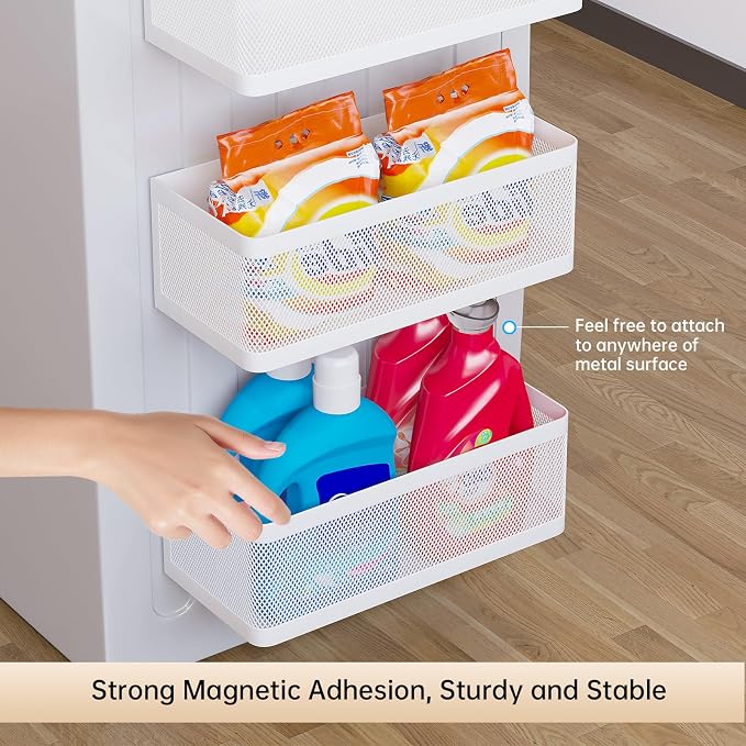 Magnetic Shelf for Washing Machine, White, L13.78in*W5.12in*H3.94in | Magnetic Organizer for Laundry, Hanging Basket Storage, Magnetic Fridge Shelves, Spice Rack for Refridgerator, 16.5-lb load