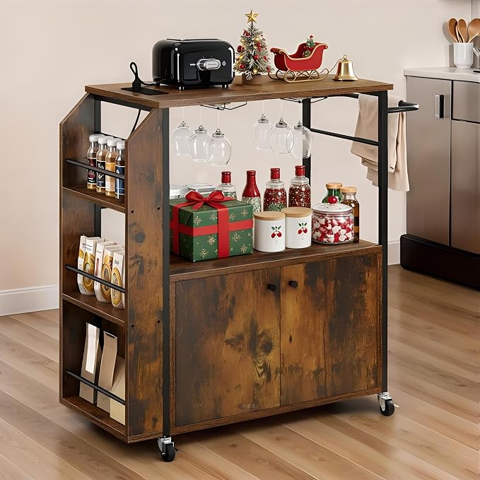 YITAHOME Kitchen Island Cart with Power Outlet, 36 Inch Mobile Kitchen Cart with Open Shelves, Rolling Portable Serving Utility Carts on Wheels with Storage for Kitchen, Dining Room, Brown