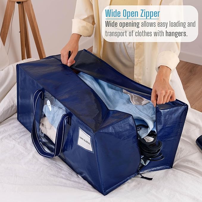VENO 6 Pack Heavy Duty Moving Bags, Christmas Storage Bins with Lids, Transparent Window Design, Alternative to Moving Boxes, Storage Bags for Clothes, Blankets, Comforters, Pillows (Blue, 6 Pack)
