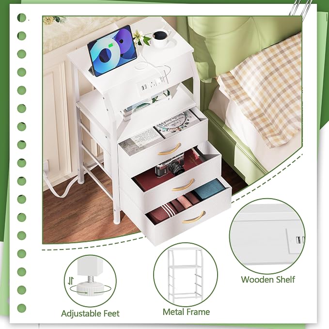 Furnulem Night Stand with Charging Station, 28.3 Inch Tall Bedside Table with PVC Drawers, End Table with USB Ports and Outlets, 3 Fabric Drawer Storage Nightstand for Bedroom, 3 Ways to Use, White | 28.3 Inch Tall Dorm Night Stand with fabric Drawers,...