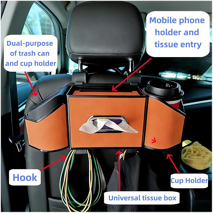 2026 Upgrade 4-in-1 Car Organizer Back Seat, Leather Multifunctional Car Organizer and Storage Box with Cup Holders for Hold Phone, Snacks, Drinks, Handbag, Keep Your Ride Clean & Organized (Brown)