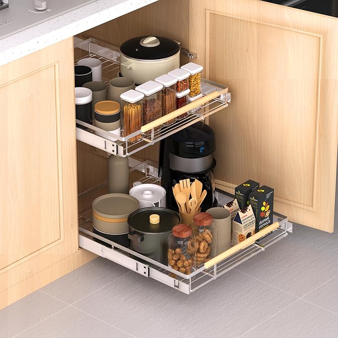 Expandable Pull Out Drawer Cabinet Organizer, Adjustable Width Bottom-Mounted Slide Out Storage Shelves for Cabinets, Required Cabinet Size (W: 20.86"~37.86", D≥22.5"), 2 Pack