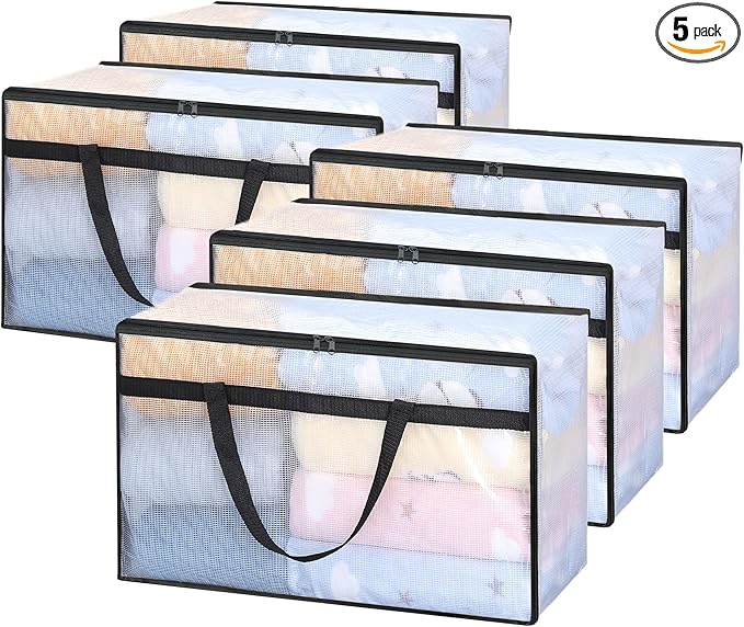 Vieshful 5 Pack 60L Clear Storage Bags with Zipper and Handles, Tear-Resistant Foldable Plastic Storage and Organizers for Clothes, Bedding, Duvets, Toys, for Closet & Moving