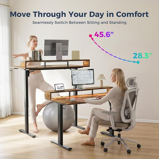 Klicelor Electric Standing Desk with Shelf, 48 Inch Height Adjustable Desk with Power Outlets & LED, Sit Stand Up Table with Monitor Stand, Computer Workstation for Home Office, Rustic Brown