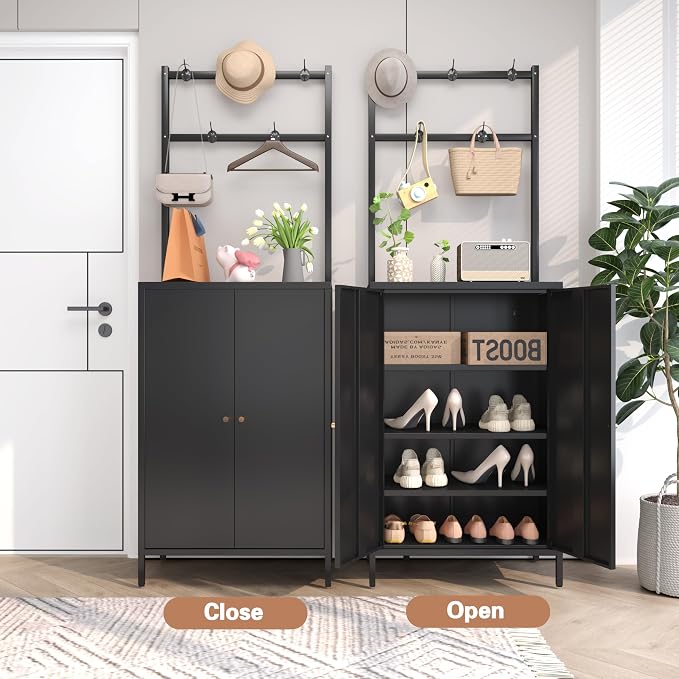 Tall Metal Shoe Cabinet with Coat Rack,Farmhouse Shoe Storage Cabinet with Doors,Hanging Bar,Hooks for Entryway, Hallway, and Living Room,2in1 Hall Tree with 3 Adjustable Shelves(Black)