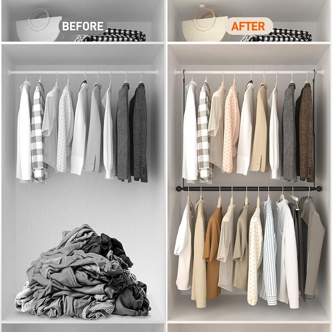SUTINE Closet Rods for Hanging Clothes, Adjustable Metal Closet Extender Hanging Rod, Space-Saving Closet Rod Extender Clothes Hanging Bar, Closet Poles for Hanging Clothes (Black, 31.5-47.2 IN)