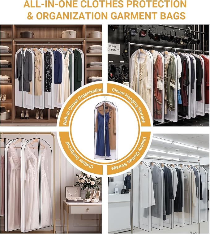 60" Clear Garment Bags for Hanging Clothes,4" Gusseted Suit Bags for Closet Storage Non-woven Back,Long Hanging Clothes Storage Suit Cover Bags with Zipper for Coats,Jackets,Shirts