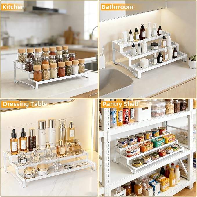 3-Tier Spice Rack Organizer 2 Pack, 13"-21.5" Expandable Spice Organization Shelf, Metal Seasoning Organizer for Kitchen Countertop or Pantry, Slip-Resistant Design for Jars and Bottles, White
