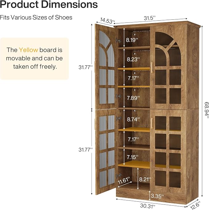 Tribesigns Tall Shoe Cabinet with Doors and Led Lights, 8-Tier Wooden Shoe Rack Organizer with Adjustable Shelves, Narrow Shoe Storage Cabinet for Entryway, Hallway, Living Room, Brown, 2PCs