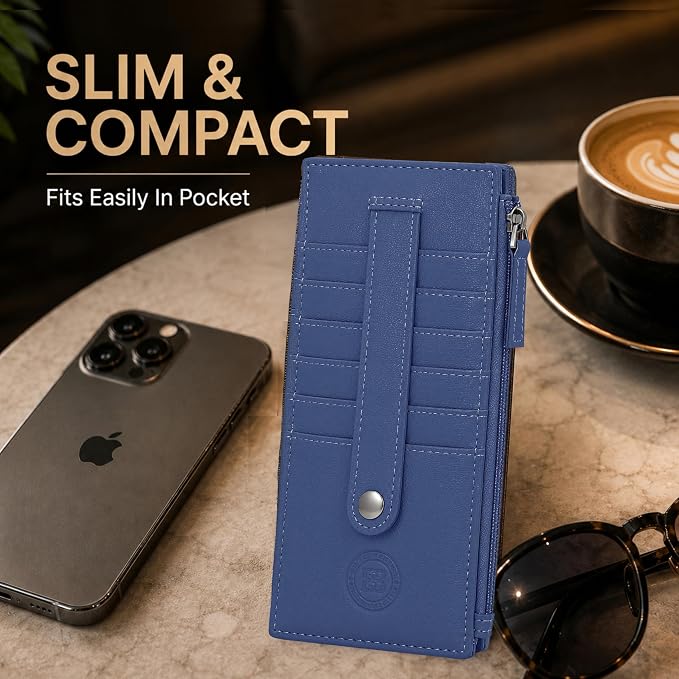 Leatherboss Genuine Leather Women's All in One Credit Business Card Case Holder Slim Zipper Wallet With a Card Protection Strap, Royal Blue