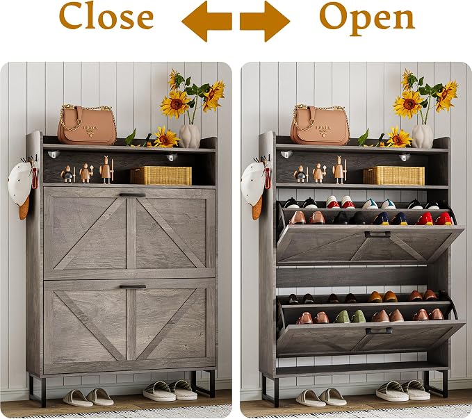 Wodeer Shoe Storage Cabinet with 2 Flip Drawers, Narrow Wood Shoe Cabinet Storage for Entryway with Metal Legs & Hooks, Adjustable Shelves, Freestanding Shoe Rack Organizer for Foyer, Hallway, Grey